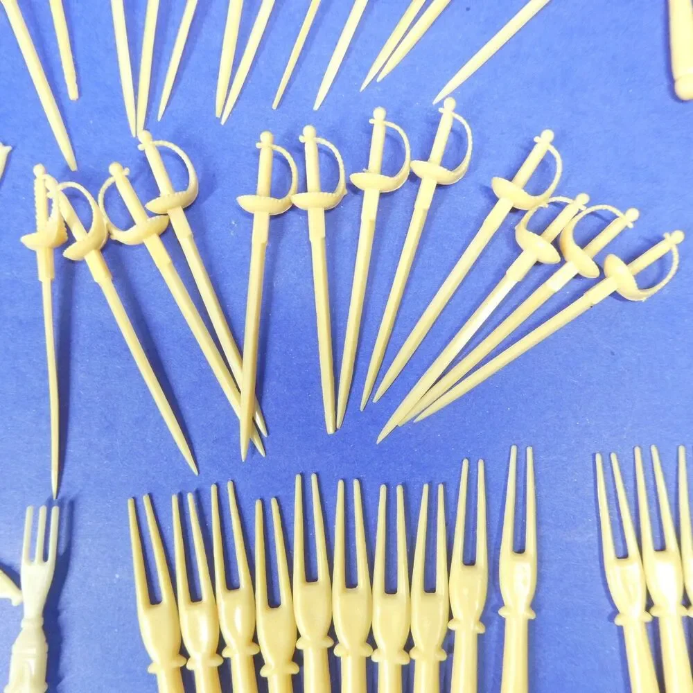 Lot 89 Cocktail Picks Ivory Plastic Forks Swords Horses Vintage Hong Kong MCM